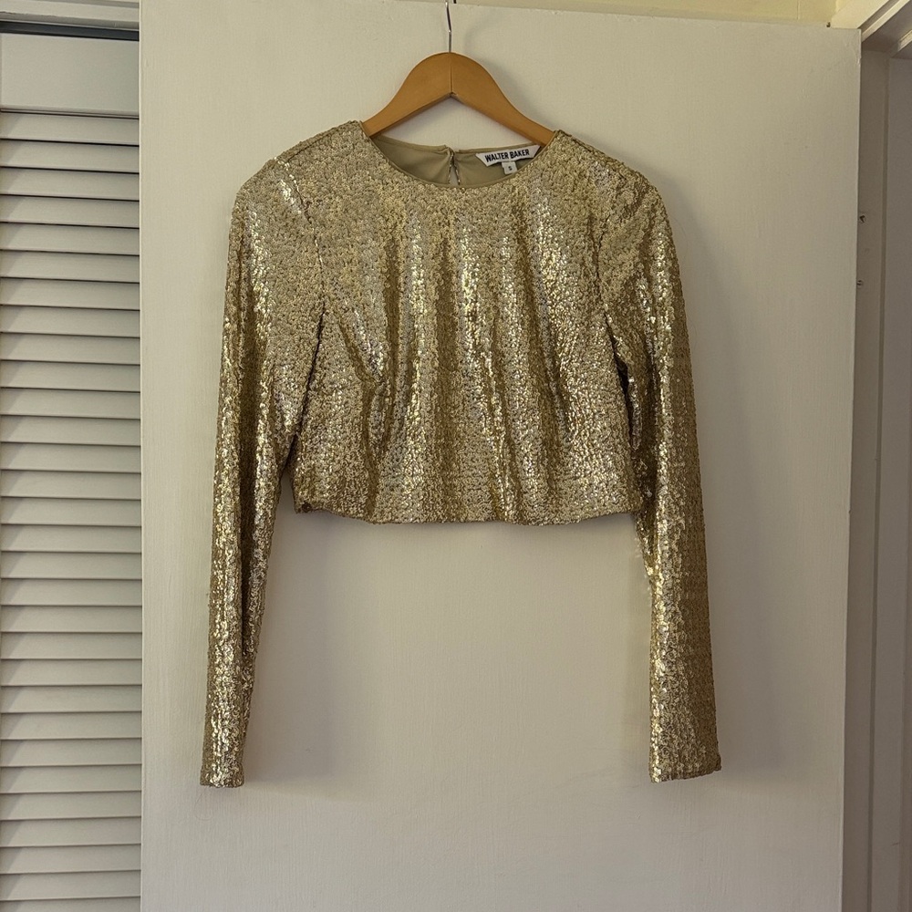 Walter Baker (Anthropology) Metallic Gold Sequin Long-Sleeve Crop Top